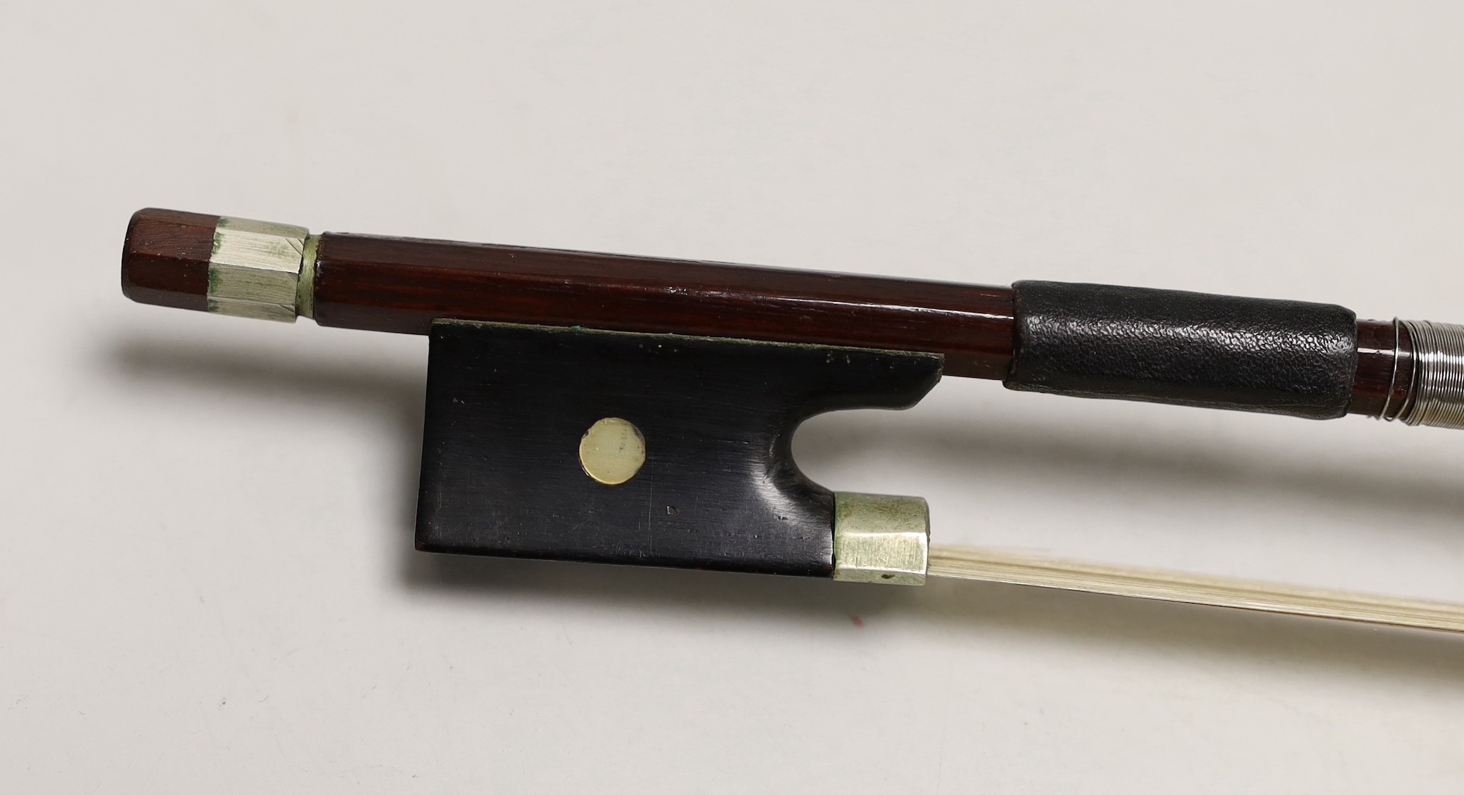 A French single back violin, interior label reads ‘Médio Fino’, back measures 35.5cm excl button. With case and bow